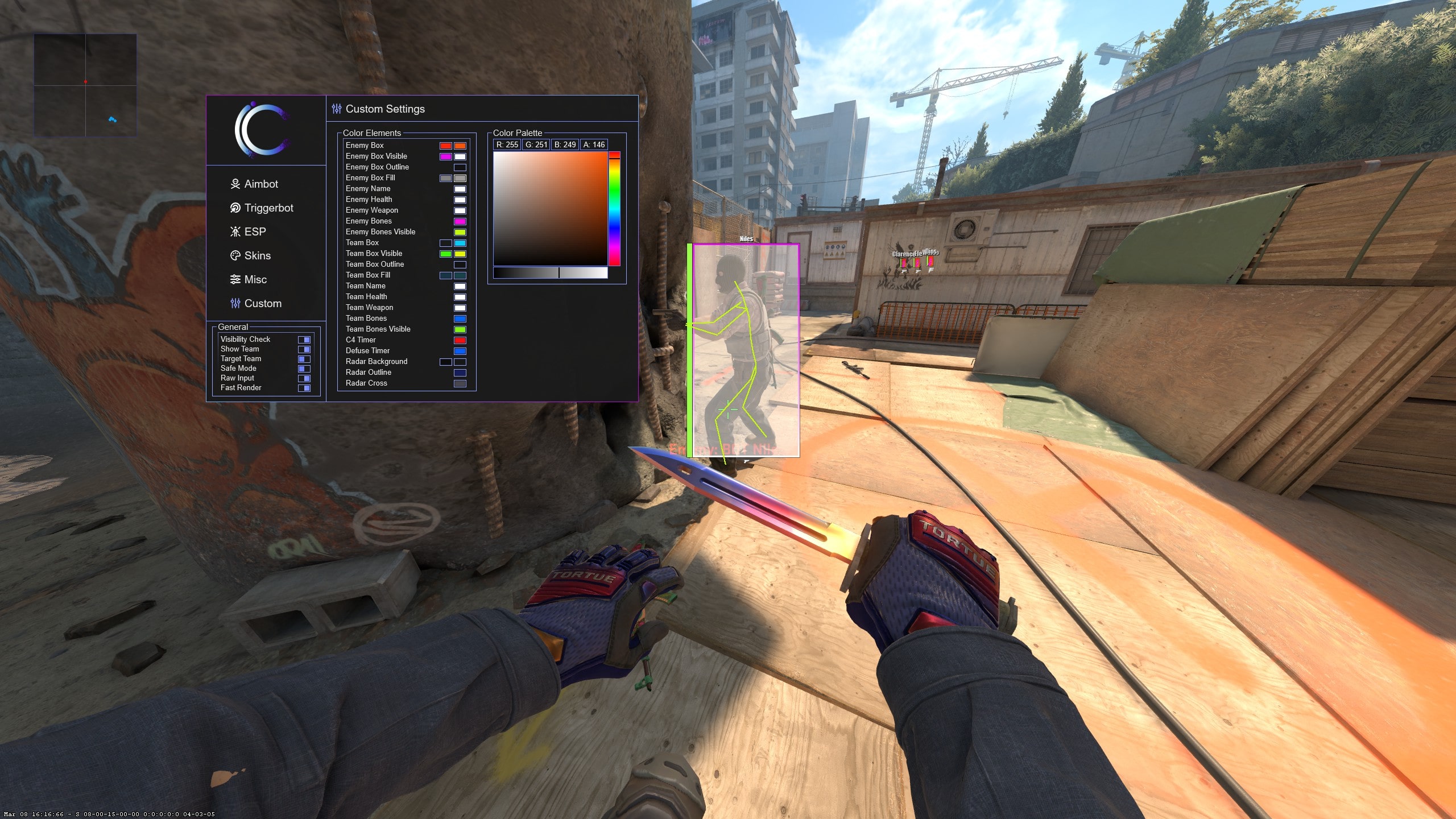 CS2 cheat menu with ESP visible in game
